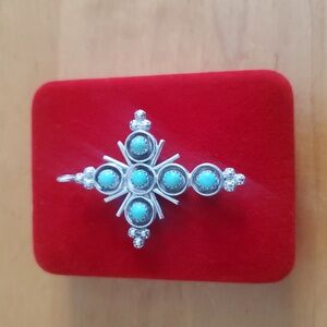 Native Amercan, Doble Face Turquoise & Red Coral Sterling Cross Pendant Vintage